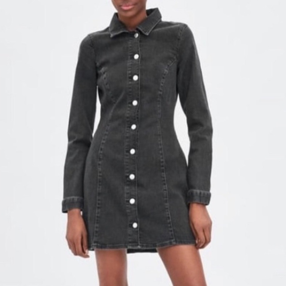 Zara Washed Black Stretchy Long Sleeve Denim Dress